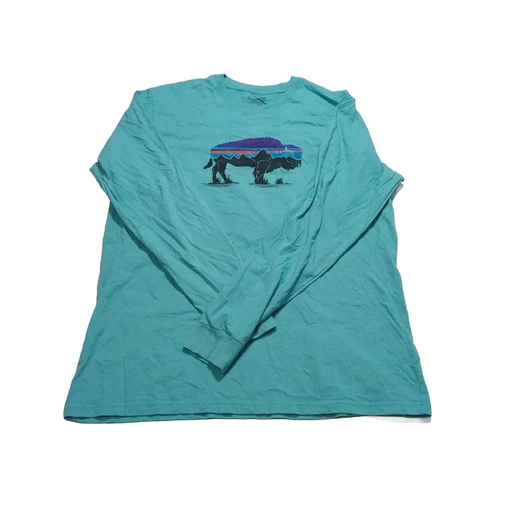 Patagonia Fitz Roy Bison Buffalo Graphic Long Sleeve Shirt Men's Large Teal - Picture 3 of 7